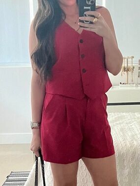 ZARA: Red Two-Piece Button Vest & Shorts Set